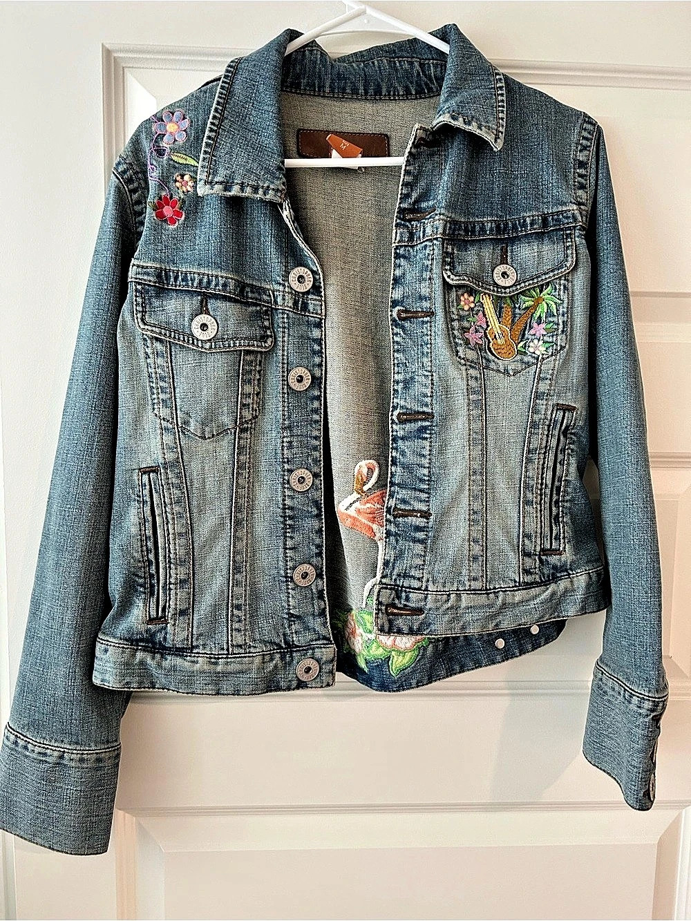 Blue Embroidered Denim Jacket in Blue Size Medium
